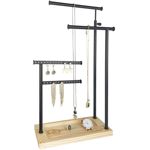 4-Tier Jewelry Organizer Stand with Hooks & Wood Box