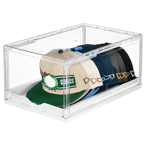 Vtopmart Hat Organizer for Baseball Caps, Clear Hats Holder Box with Drawer, Large Cap Storage with Sliding Tray, Stackable Rack Display Case with Magnetic Door, Each Holds 12 Hats