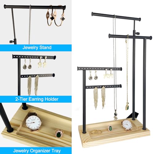 4-Tier Jewelry Organizer Stand with Hooks & Wood Box