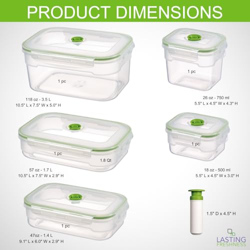 Lasting Freshness Vacuum Seal Food Storage Containers with Hand Pump – BPA-Free Plastic, Airtight Meal Prep & Leftovers Containers, Keep Food Fresh 5X Longer