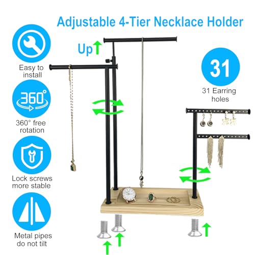 4-Tier Jewelry Organizer Stand with Hooks & Wood Box