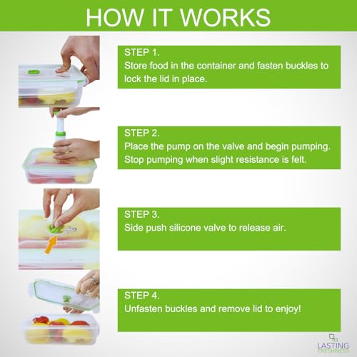 Lasting Freshness Vacuum Seal Food Storage Containers with Hand Pump – BPA-Free Plastic, Airtight Meal Prep & Leftovers Containers, Keep Food Fresh 5X Longer