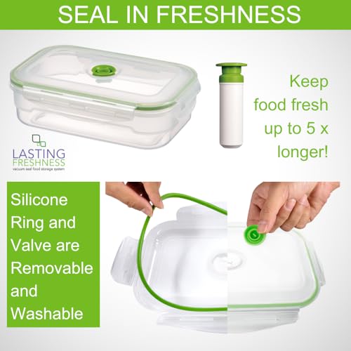 Lasting Freshness Vacuum Seal Food Storage Containers with Hand Pump – BPA-Free Plastic, Airtight Meal Prep & Leftovers Containers, Keep Food Fresh 5X Longer
