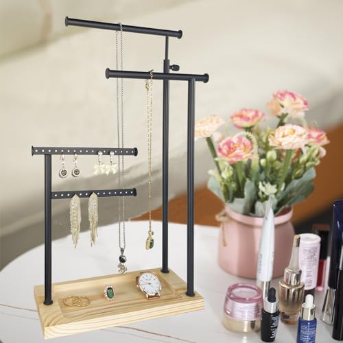 4-Tier Jewelry Organizer Stand with Hooks & Wood Box