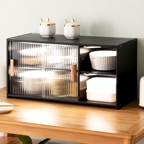 Bamboo Kitchen Pantry Cabinet with Doors, Sideboard Storage Shelving, Countertop Cupboard for Food, Dish Rack, and Bread Storage Bin - Stylish & Functional