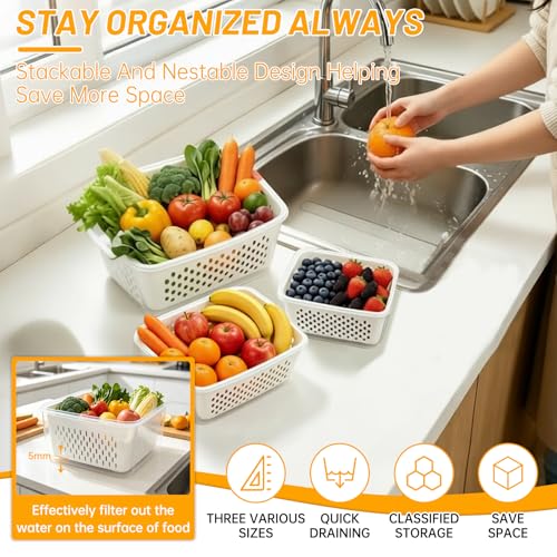 IKKAB 3 Pack Fruit Storage Containers for Fridge with Removable Colander