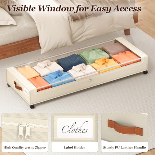 Yecaye Under Bed Storage with Wheels, Large Capacity Under Bed Storage Containers with Metal Frame & Clear Lid, Rolling Underbed Organizer Bins Drawers for Clothes, Shoes, Blankets