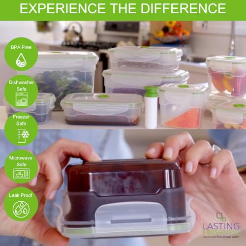 Lasting Freshness Vacuum Seal Food Storage Containers with Hand Pump – BPA-Free Plastic, Airtight Meal Prep & Leftovers Containers, Keep Food Fresh 5X Longer