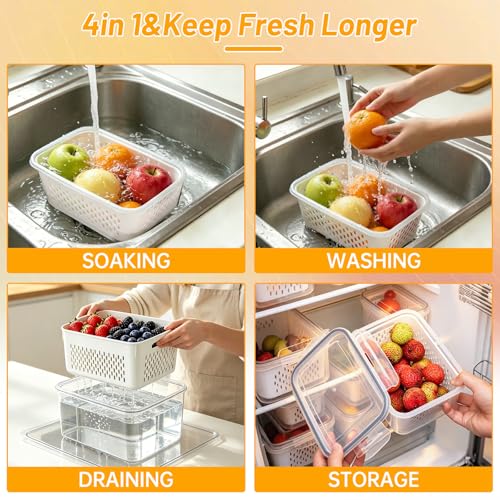 IKKAB 3 Pack Fruit Storage Containers for Fridge with Removable Colander
