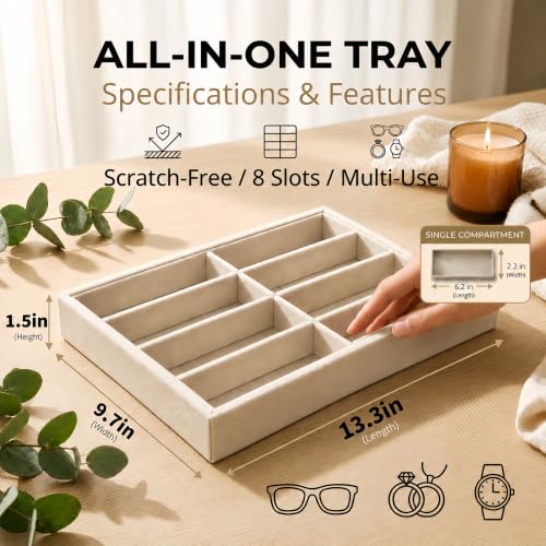 Amzlink® Sunglass Organizer Tray, 8 Slot Velvet Glasses Holder for Eyeglasses, Sunglasses, Jewelry & Watch Display, Men's/Women's Drawer Dresser Vanity Nightstand Storage, Beige