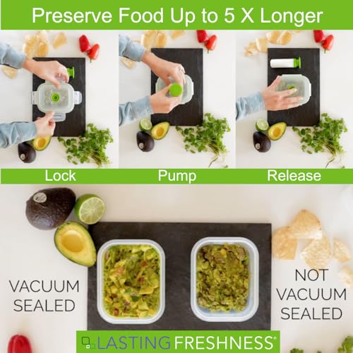 Lasting Freshness Vacuum Seal Food Storage Containers with Hand Pump – BPA-Free Plastic, Airtight Meal Prep & Leftovers Containers, Keep Food Fresh 5X Longer