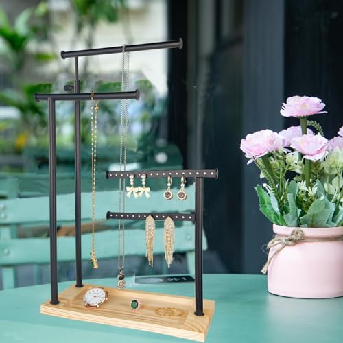 Jewelry Organizer Stand, Jewelry Holder, Lengnoy 4 Tier Earring Holder with 48 Holes and 6 Hooks Necklace Organizer Wood Box for Necklace Bracelet Earring Ring, White
