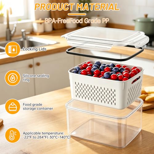 IKKAB 3 Pack Fruit Storage Containers for Fridge with Removable Colander