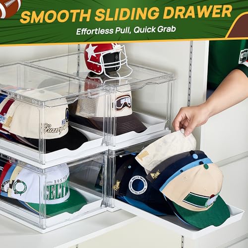 Stackable Clear Hat Organizer Box with Sliding Drawer