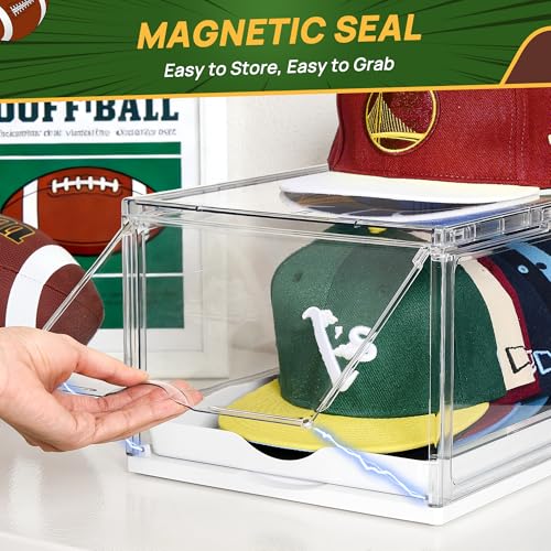 Vtopmart Hat Organizer for Baseball Caps, Clear Hats Holder Box with Drawer, Large Cap Storage with Sliding Tray, Stackable Rack Display Case with Magnetic Door, Each Holds 12 Hats