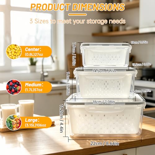 IKKAB 3 Pack Fruit Storage Containers for Fridge with Removable Colander
