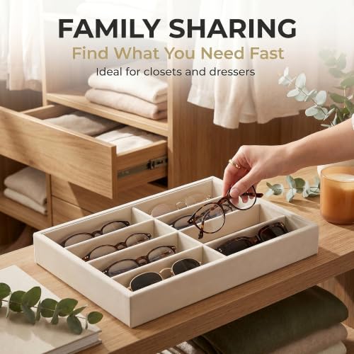 Amzlink® Sunglass Organizer Tray, 8 Slot Velvet Glasses Holder for Eyeglasses, Sunglasses, Jewelry & Watch Display, Men's/Women's Drawer Dresser Vanity Nightstand Storage, Beige