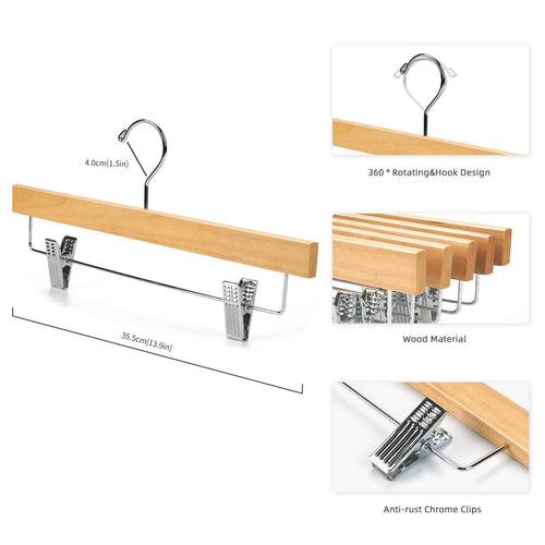 10-Pack Solid Wood Pants & Skirt Hangers with Clips