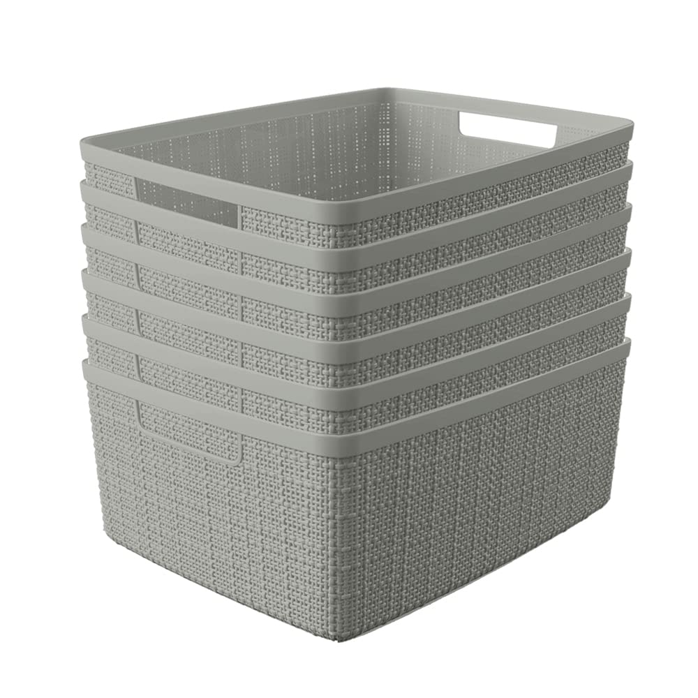 Curver Jute Decorative Plastic Organization and Storage Basket Perfect Bins for Home Office, Closet Shelves, Kitchen Pantry and All Bedroom Essentials