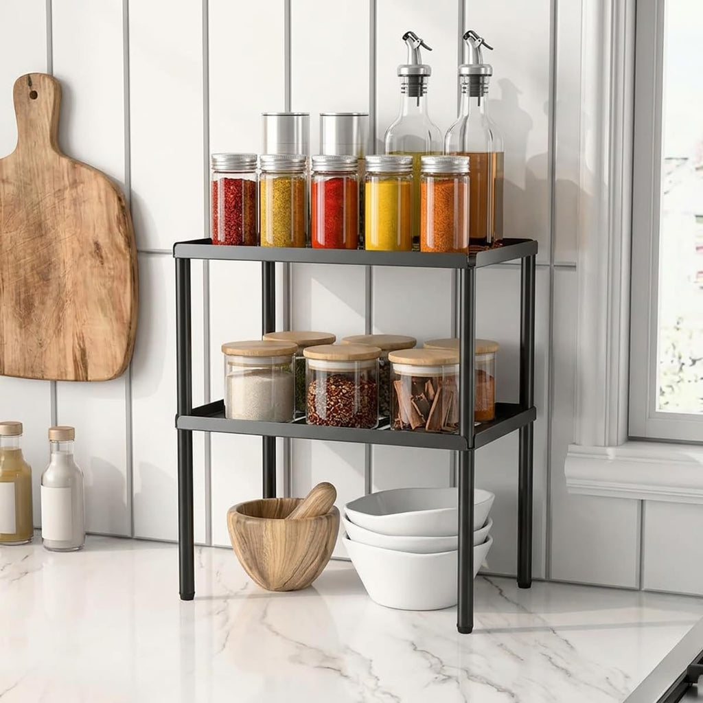 DwellDeal Cabinet Organizer Shelf, 2 Tier Kitchen Cabinet Organizer with Stackable Cabinet Shelves for Kitchen Countertop Storage, Metal Kitchen Shelf Organizer for Spice, Pantry & Under Sink White