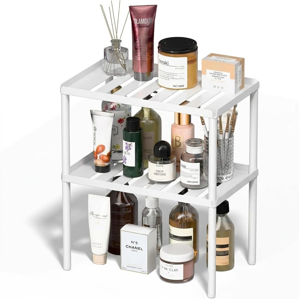 DwellDeal Cabinet Organizer Shelf, 2 Tier Kitchen Cabinet Organizer with Stackable Cabinet Shelves for Kitchen Countertop Storage, Metal Kitchen Shelf Organizer for Spice, Pantry & Under Sink White