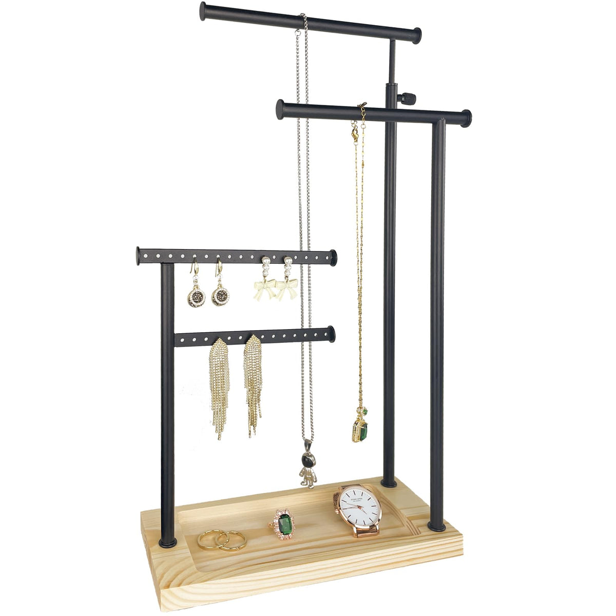 Jewelry Organizer Stand, Jewelry Holder, Lengnoy 4 Tier Earring Holder with 48 Holes and 6 Hooks Necklace Organizer Wood Box for Necklace Bracelet Earring Ring, White