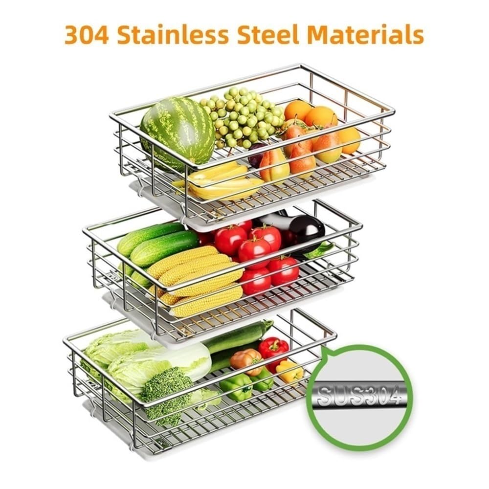Set of 3 Stainless Steel Pull-Out Cabinet Organizers, Kitchen Storage Baskets, Sliding Pantry Bins for Fruits & Vegetables (15.4" L x 20.5" W)