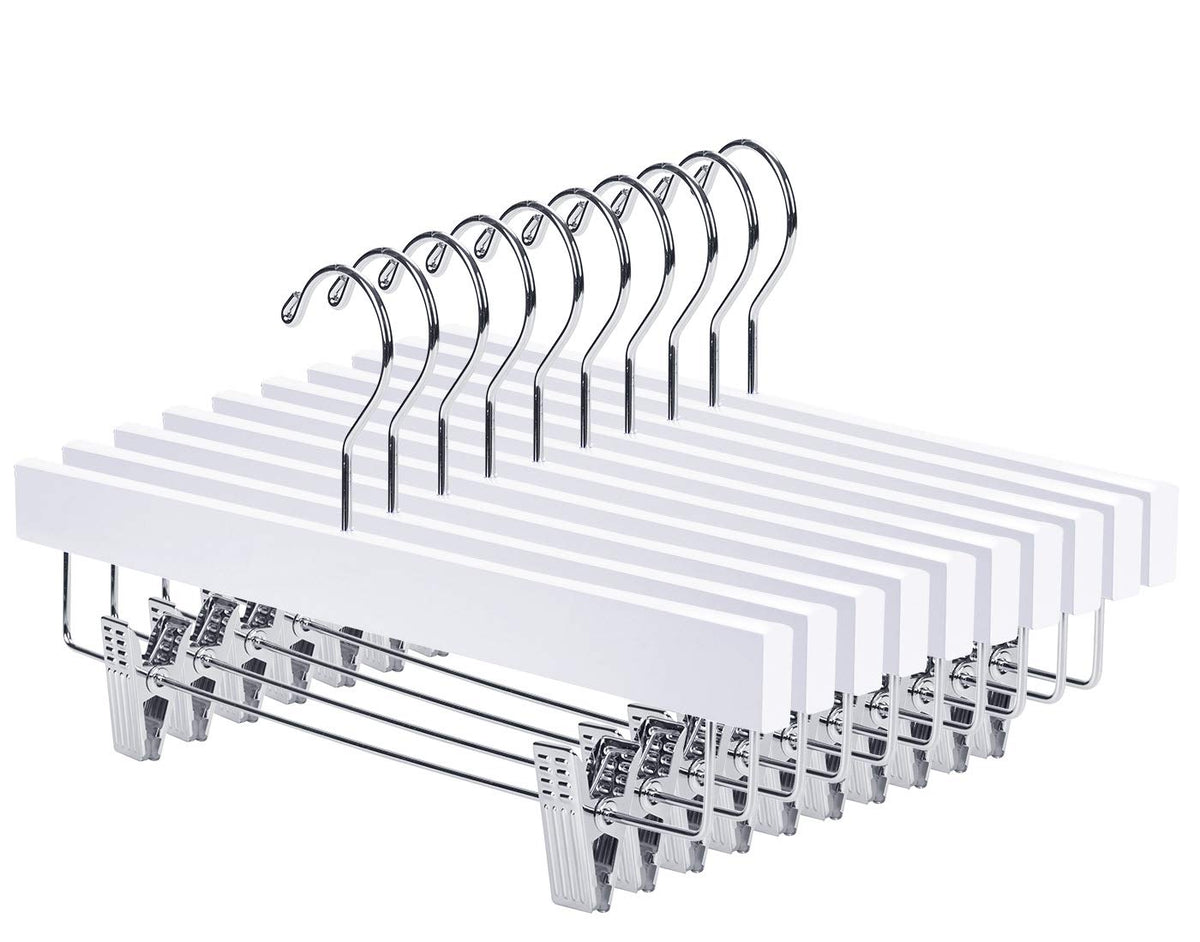 10-Pack Solid Wood Pants & Skirt Hangers with Clips