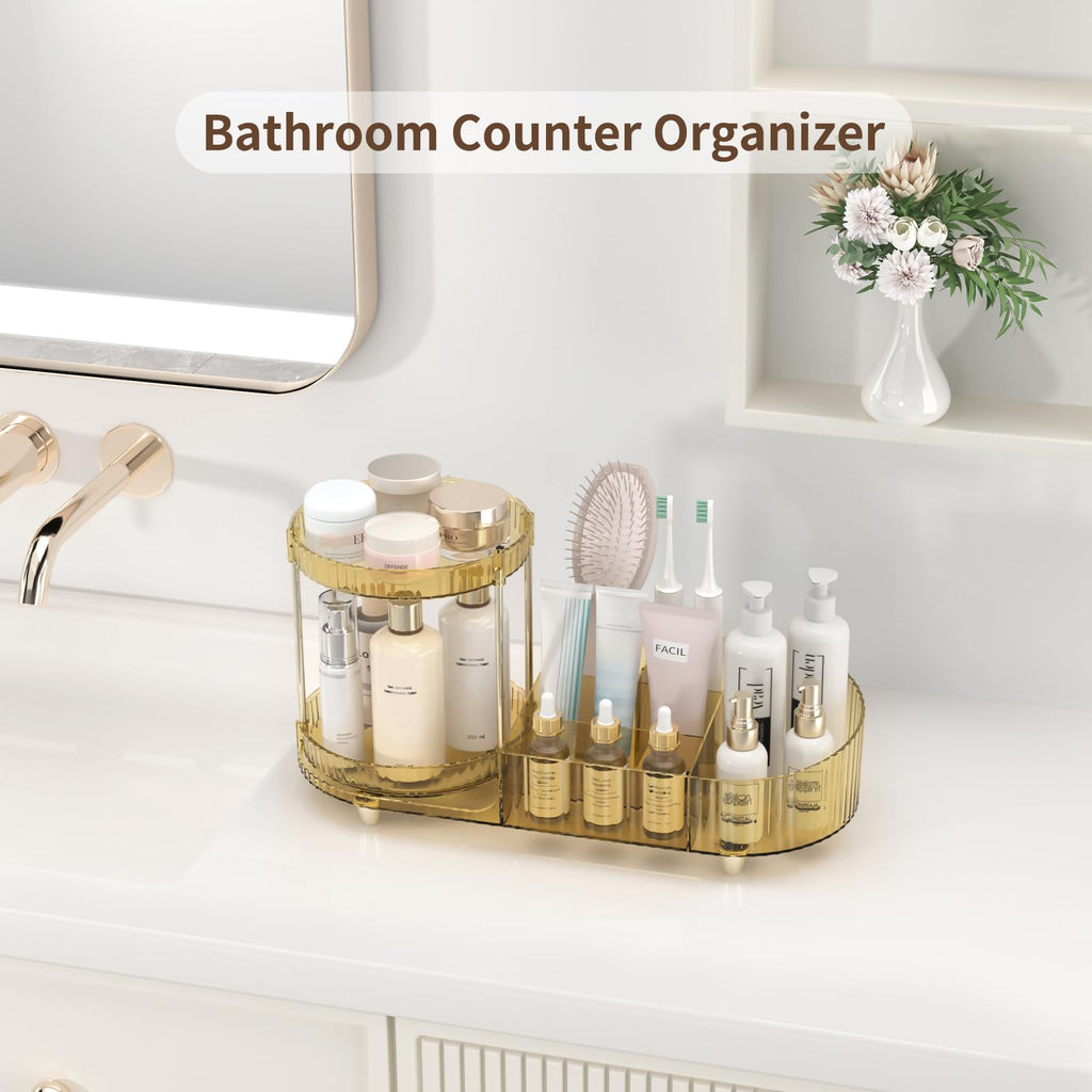 Rotating Vanity Makeup Organizer with Tiered Trays