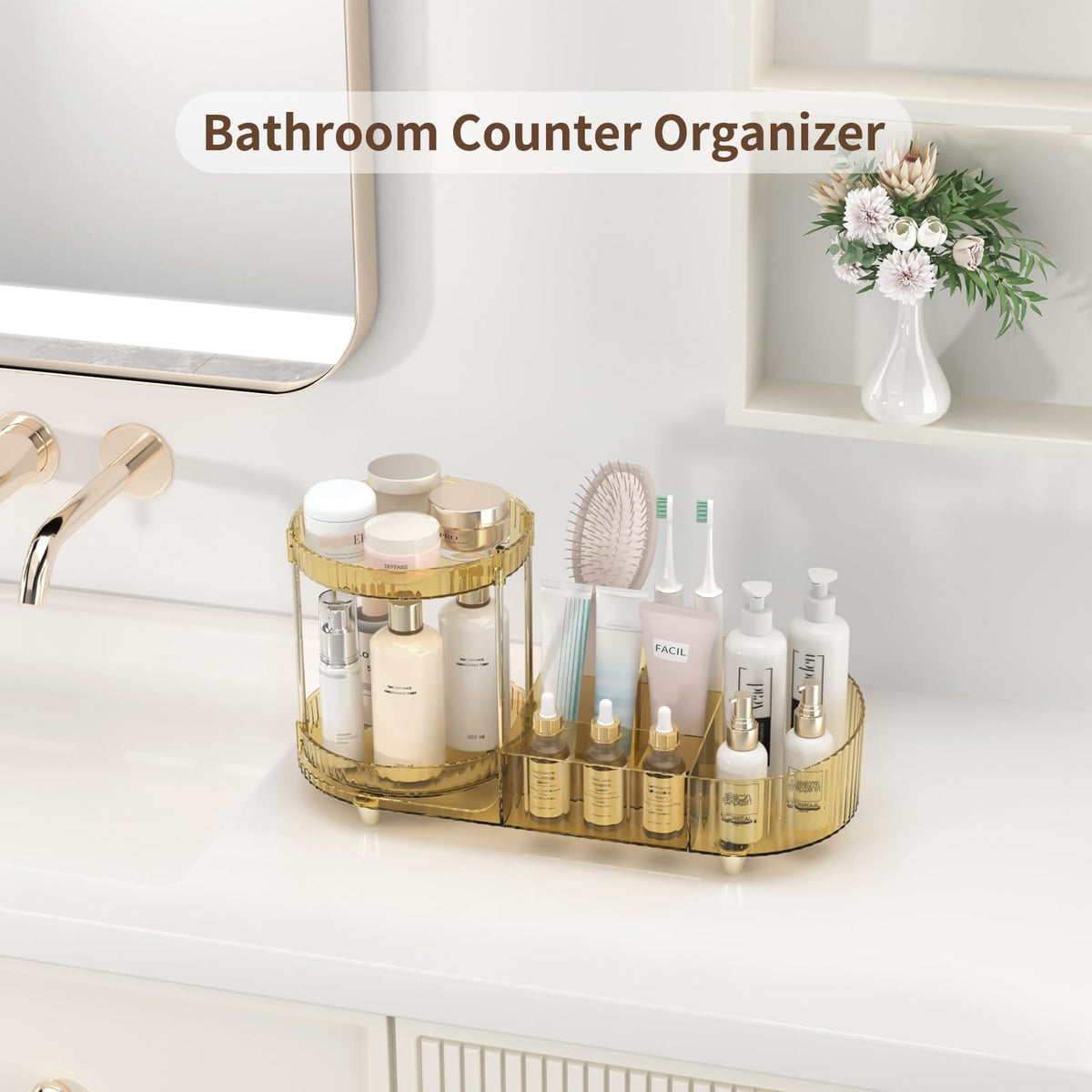 Rotating Vanity Makeup Organizer with Tiered Trays