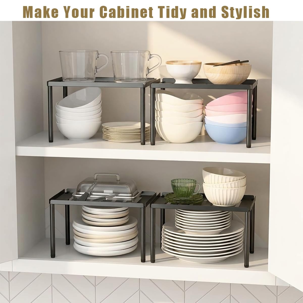 DwellDeal Cabinet Organizer Shelf, 2 Tier Kitchen Cabinet Organizer with Stackable Cabinet Shelves for Kitchen Countertop Storage, Metal Kitchen Shelf Organizer for Spice, Pantry & Under Sink White