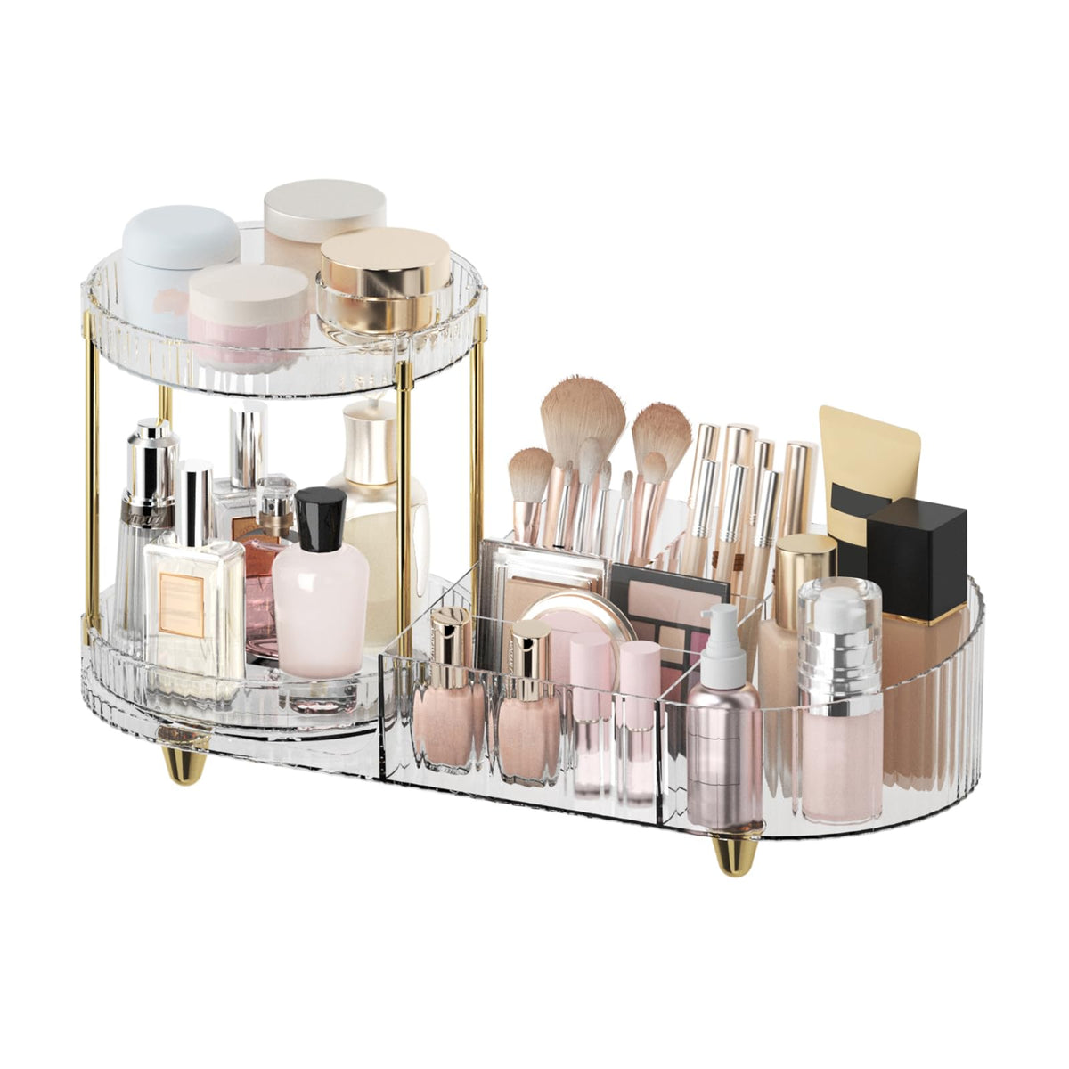 Rotating Vanity Makeup Organizer with Tiered Trays