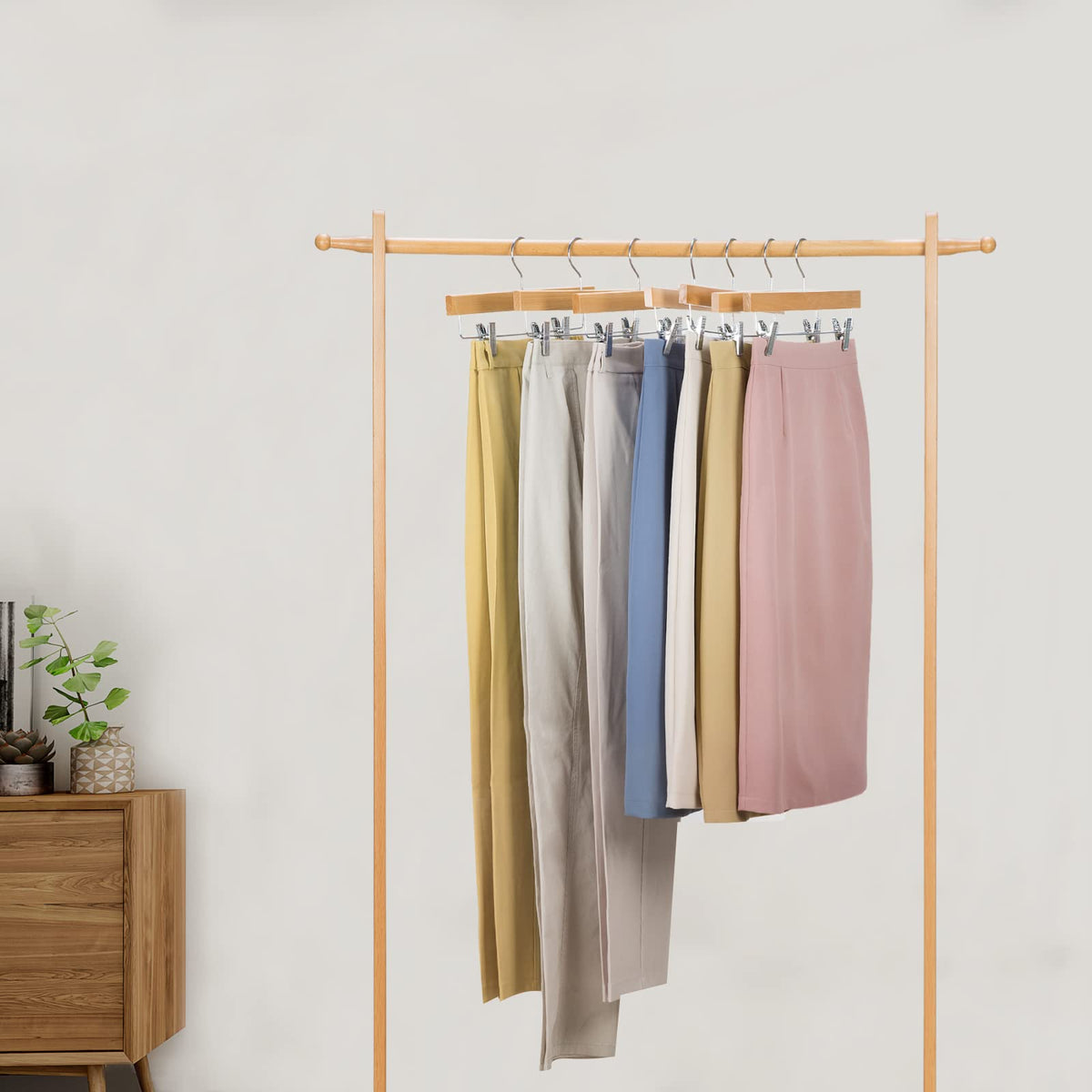 10-Pack Solid Wood Pants & Skirt Hangers with Clips