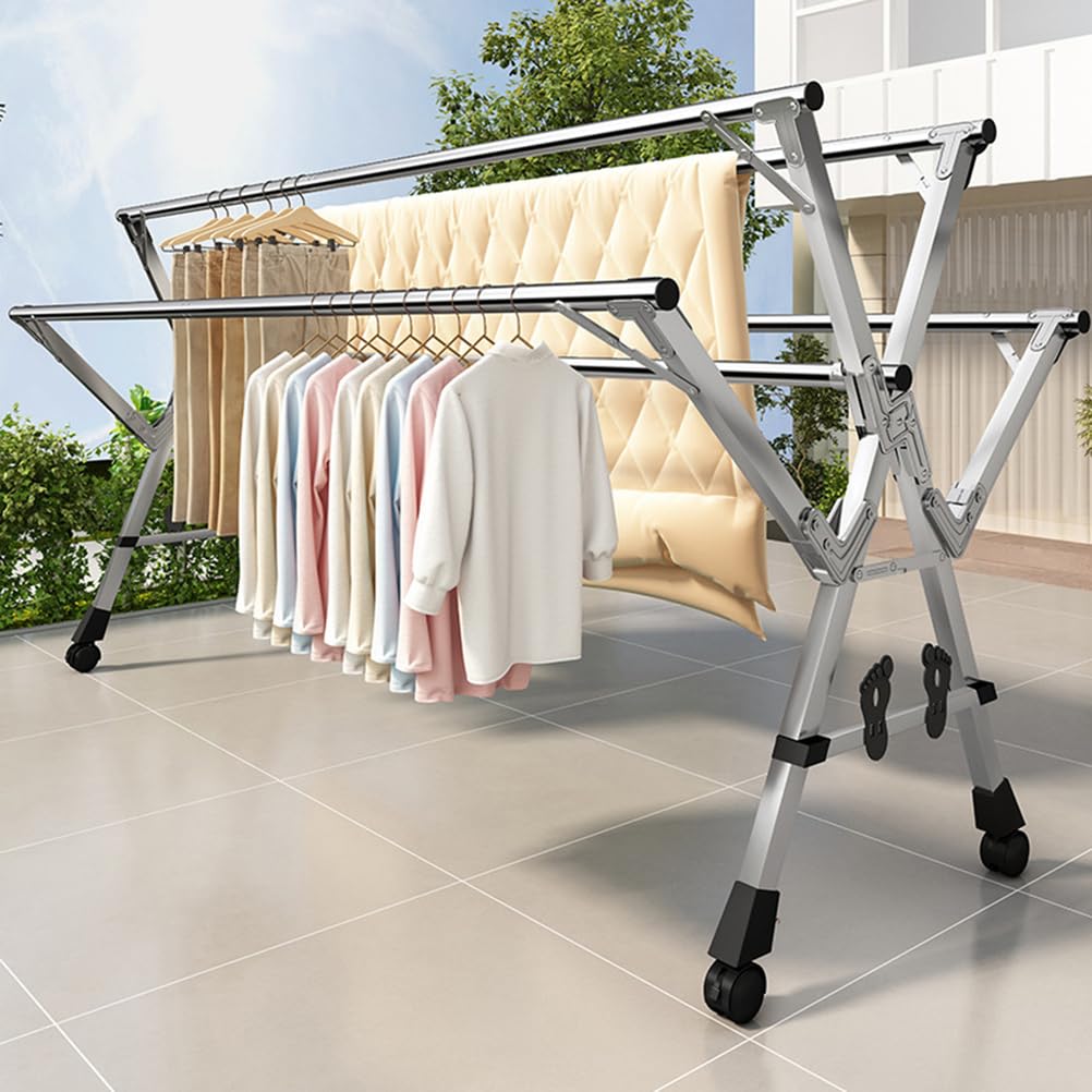 Foldable Stainless Steel Drying Rack with Wheels & Shoe Shelf