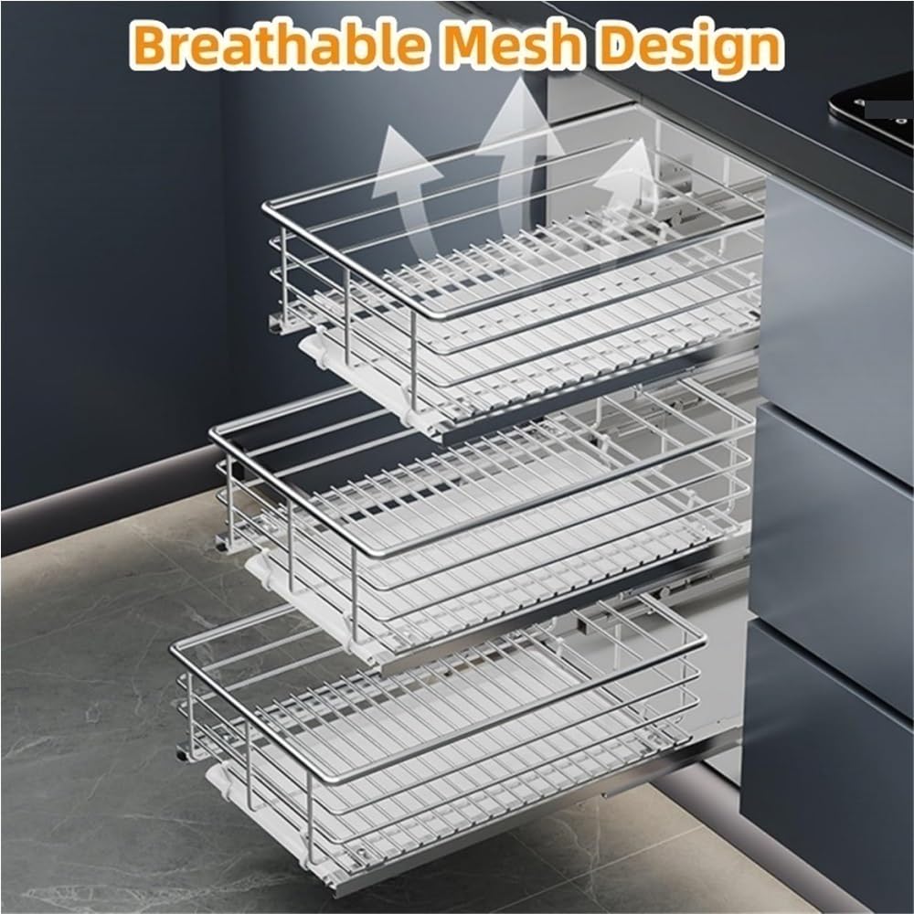Set of 3 Stainless Steel Pull-Out Cabinet Organizers, Kitchen Storage Baskets, Sliding Pantry Bins for Fruits & Vegetables (15.4" L x 20.5" W)