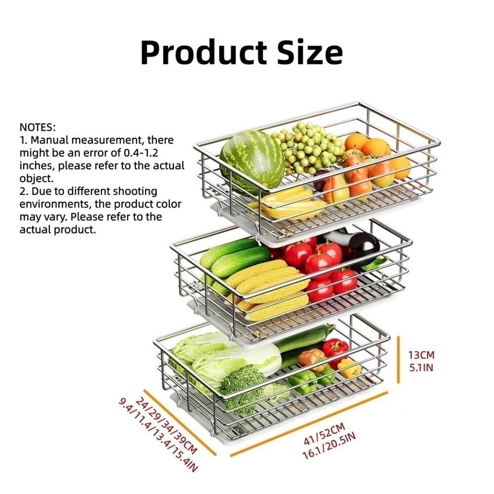 Set of 3 Stainless Steel Pull-Out Cabinet Organizers, Kitchen Storage Baskets, Sliding Pantry Bins for Fruits & Vegetables (15.4" L x 20.5" W)