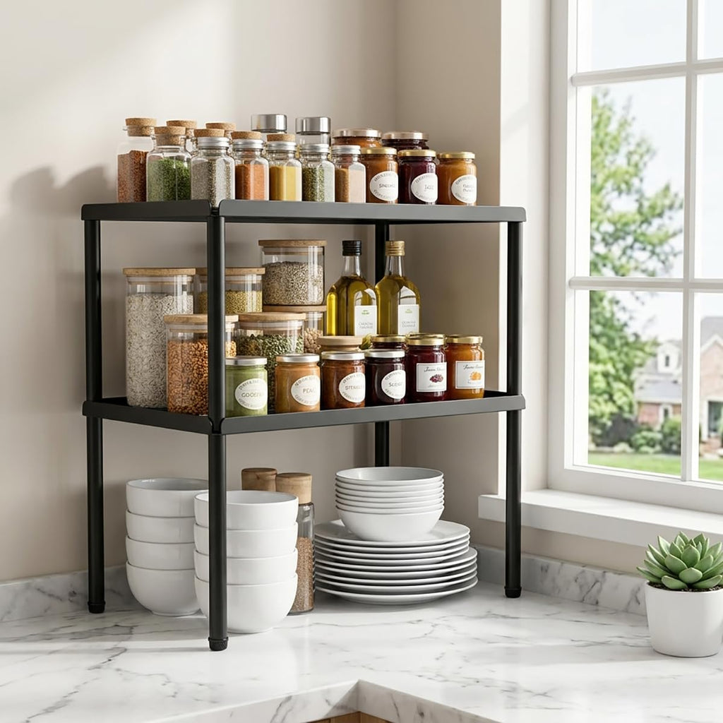 DwellDeal Cabinet Organizer Shelf, 2 Tier Kitchen Cabinet Organizer with Stackable Cabinet Shelves for Kitchen Countertop Storage, Metal Kitchen Shelf Organizer for Spice, Pantry & Under Sink White
