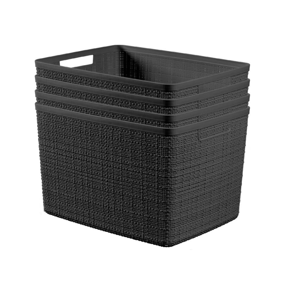 Curver Jute Decorative Plastic Organization and Storage Basket Perfect Bins for Home Office, Closet Shelves, Kitchen Pantry and All Bedroom Essentials