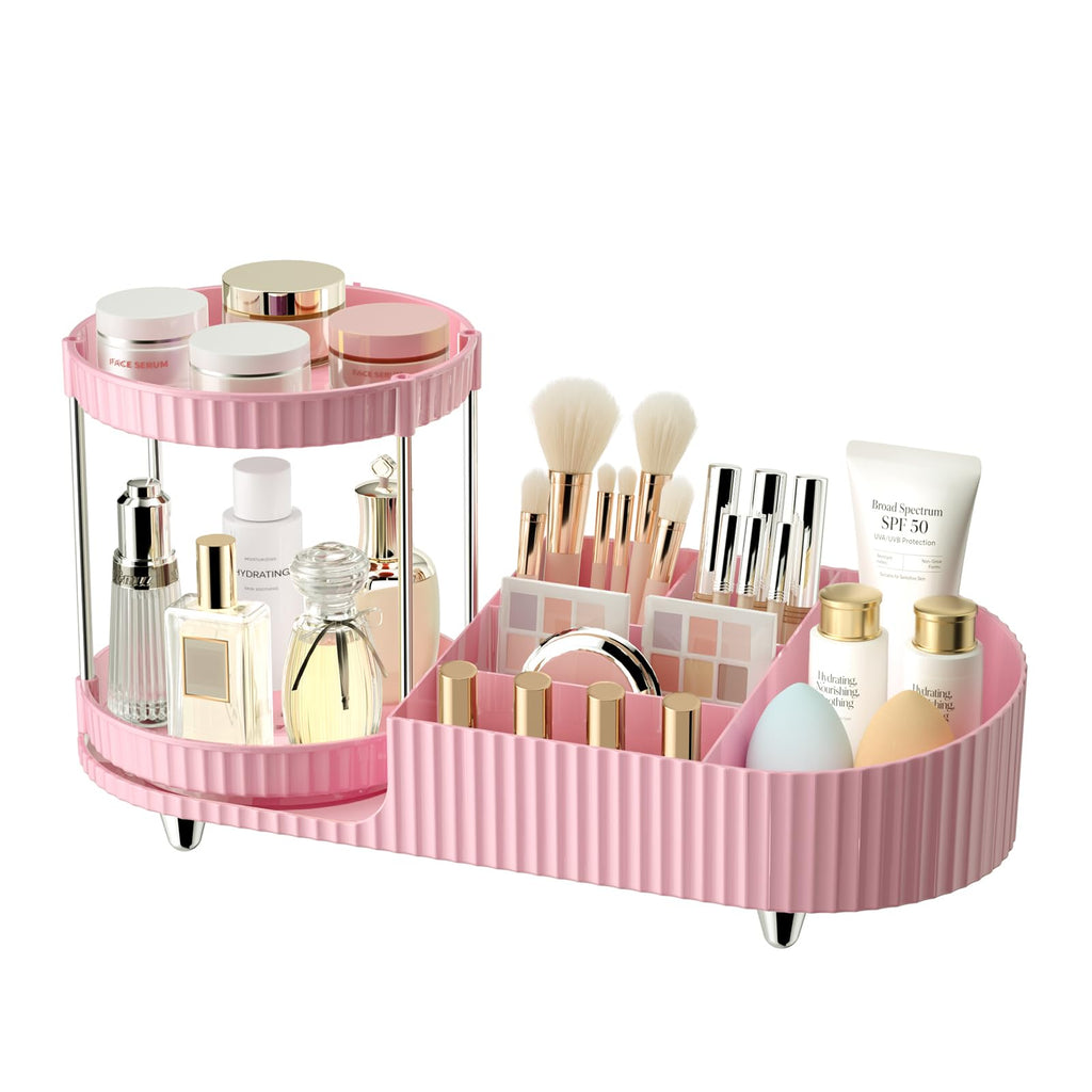 Rotating Vanity Makeup Organizer with Tiered Trays