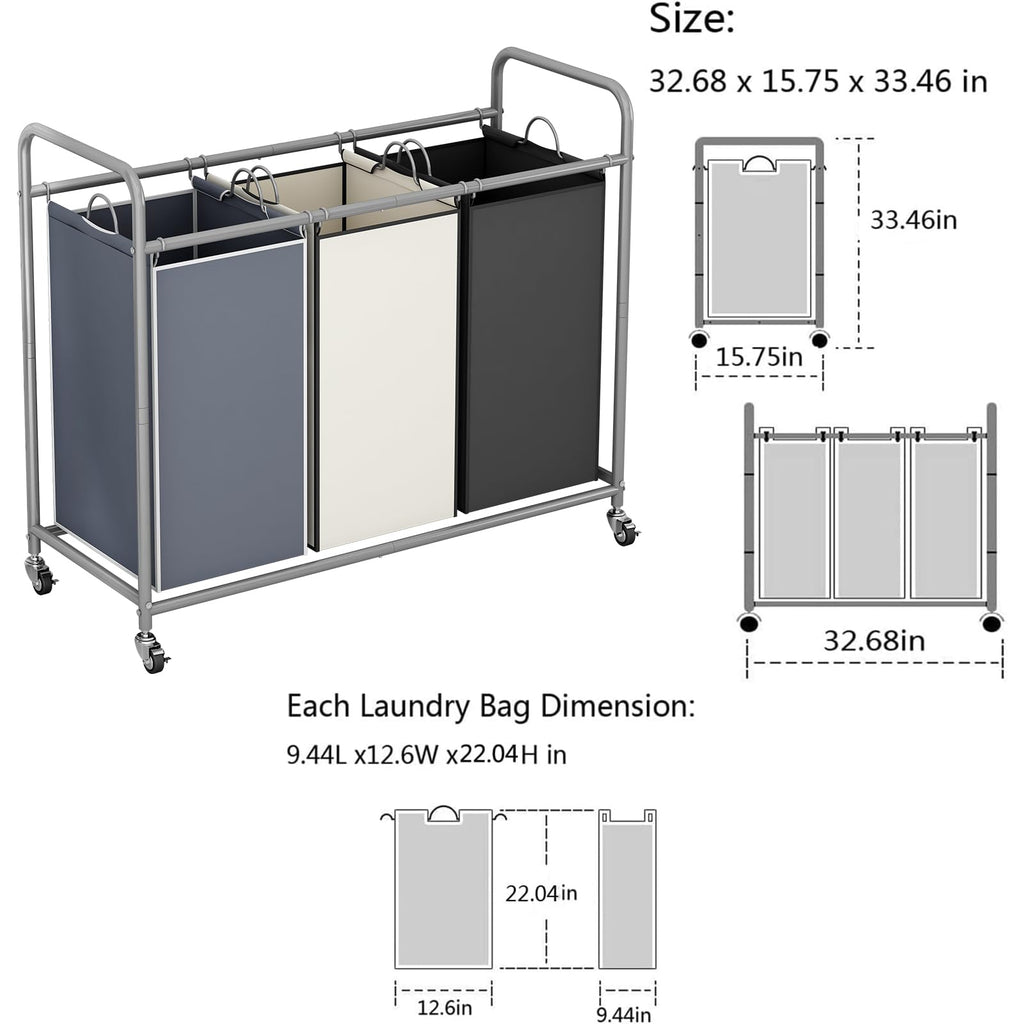 135L 3-Section Laundry Hamper & Clothes Sorter