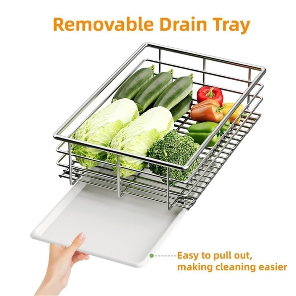 Set of 3 Stainless Steel Pull-Out Cabinet Organizers, Kitchen Storage Baskets, Sliding Pantry Bins for Fruits & Vegetables (15.4" L x 20.5" W)