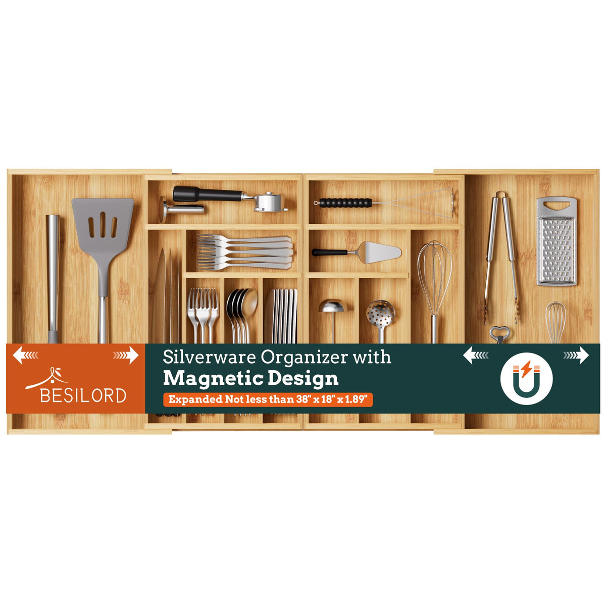 Silverware Organizer Large, Expandable 7 Slots Silverware Drawer Organizer Adjustable Flatware and Cutlery Holder, Bamboo Utensil Tray for Kitchen