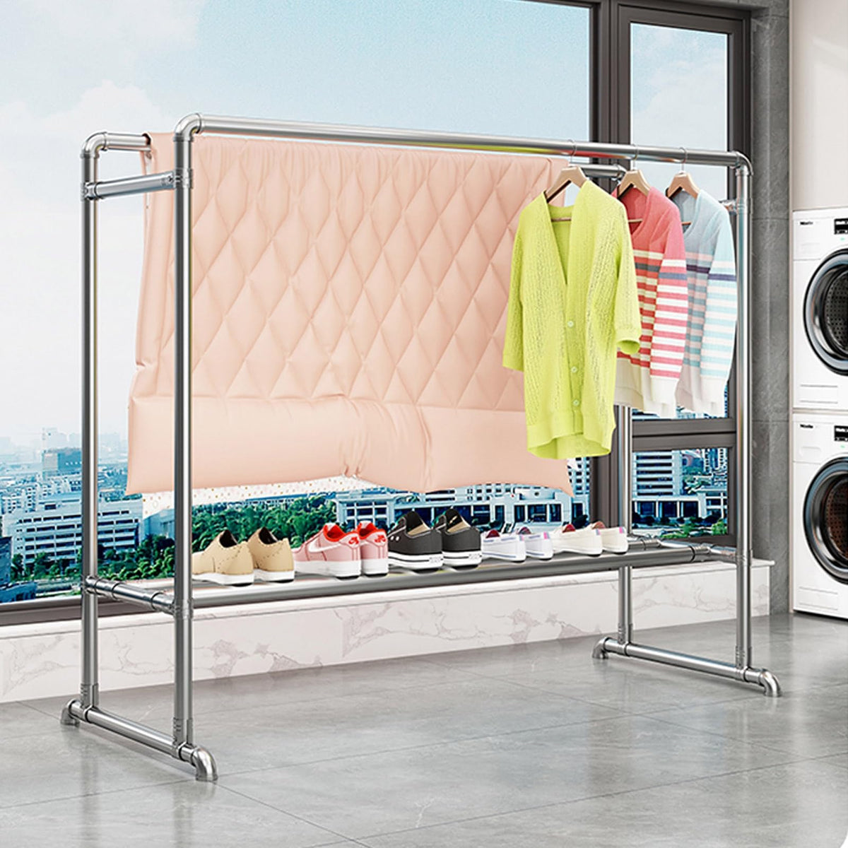 Adjustable Heavy-Duty Clothes Drying Rack with Shoe Shelf