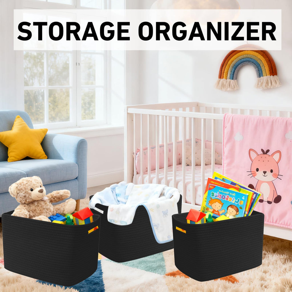 Woven Cotton Rope Storage Baskets with Handles for Shelves