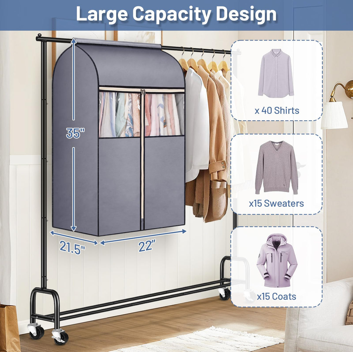 SLEEPING LAMB 54" Garment Bag Organizer Storage with Clear PVC Windows Well-Sealed Garment Rack Cover Hanging Closet Cover for Dresses Coats Jackets Closet Storage, Grey