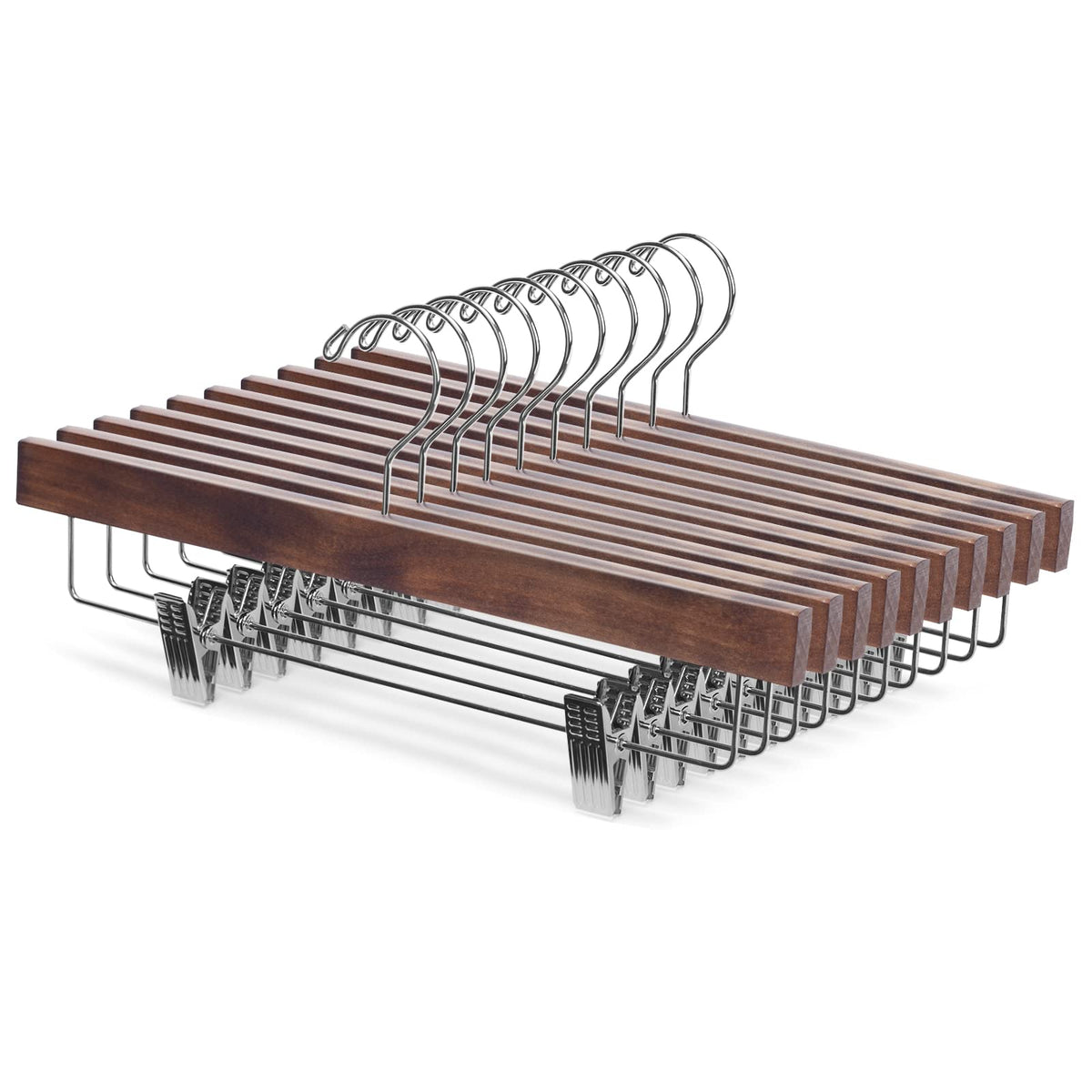10-Pack Solid Wood Pants & Skirt Hangers with Clips