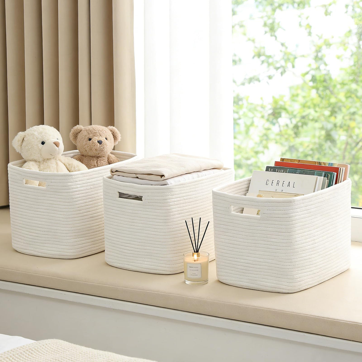 Woven Cotton Rope Storage Baskets with Handles for Shelves