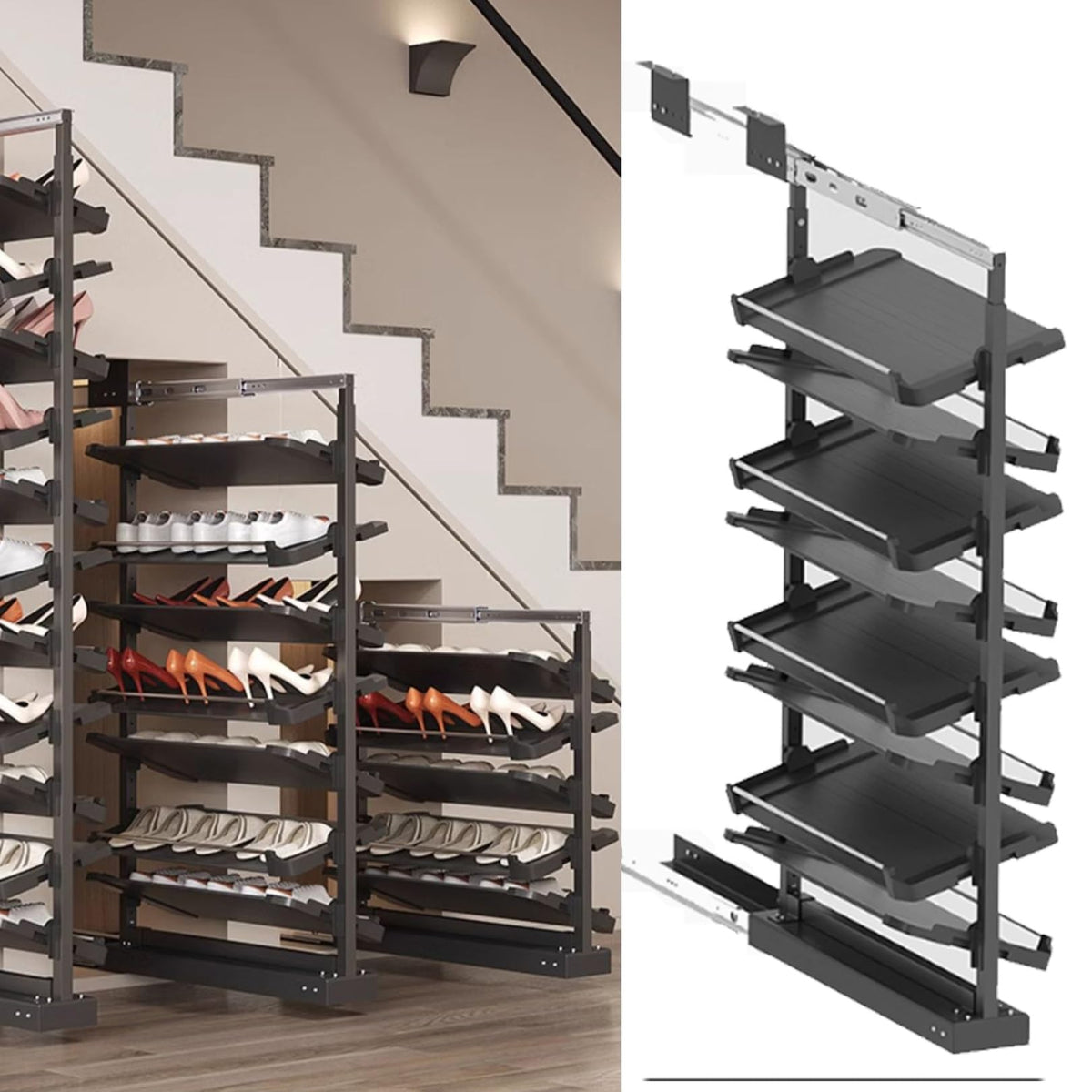 Adjustable Pull-Out Shoe Rack Organizer for Closet – Retractable Metal Stackable Storage Solution, Vertical Shelf Organizer for Small Bedrooms, Space-Saving Design
