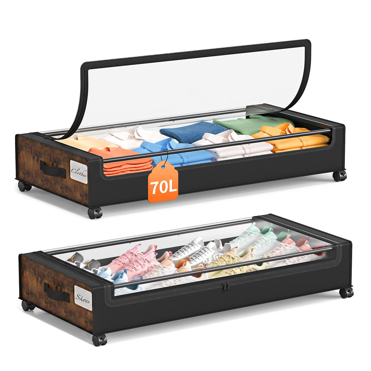 Yecaye Under Bed Storage with Wheels, Large Capacity Under Bed Storage Containers with Metal Frame & Clear Lid, Rolling Underbed Organizer Bins Drawers for Clothes, Shoes, Blankets