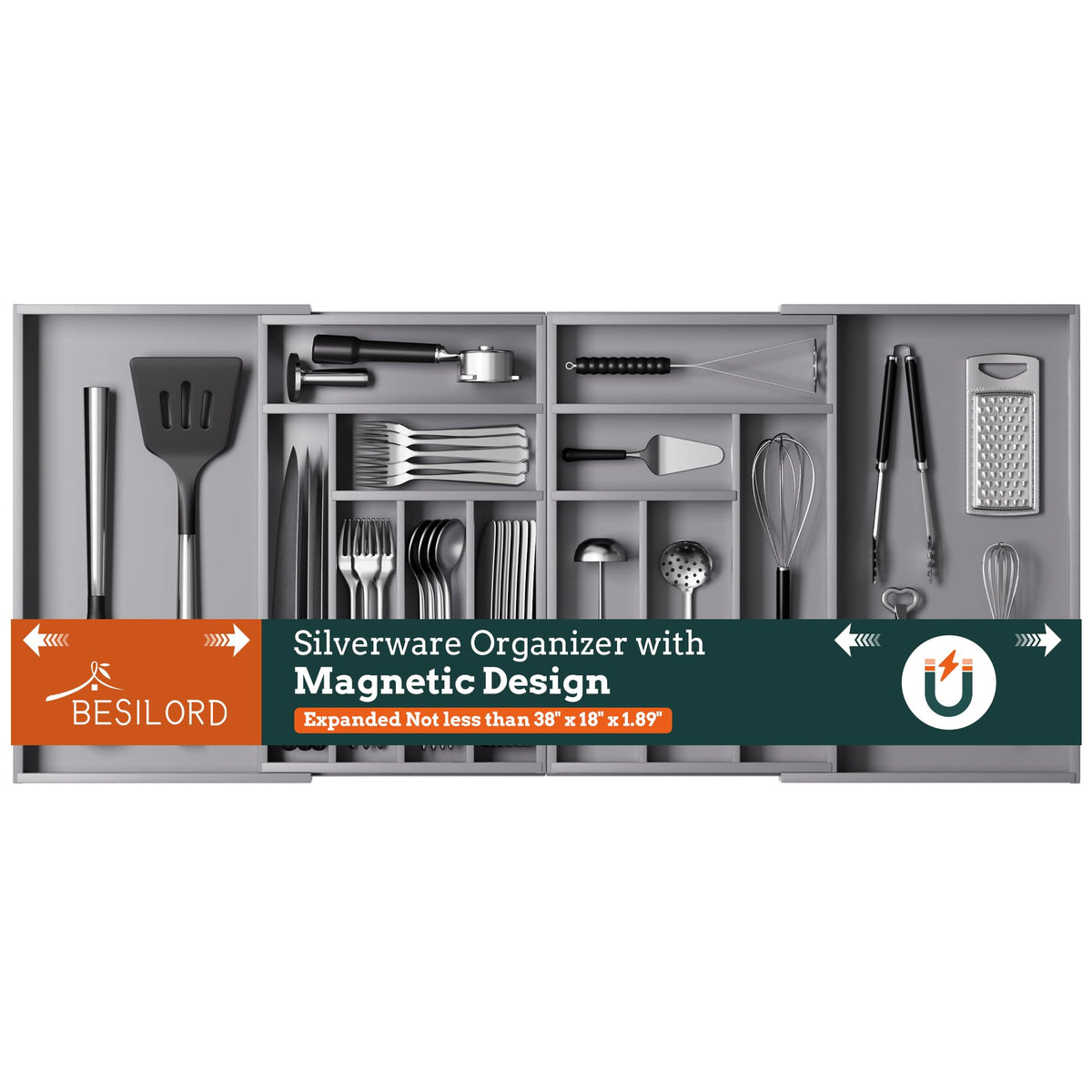 Silverware Organizer Large, Expandable 7 Slots Silverware Drawer Organizer Adjustable Flatware and Cutlery Holder, Bamboo Utensil Tray for Kitchen